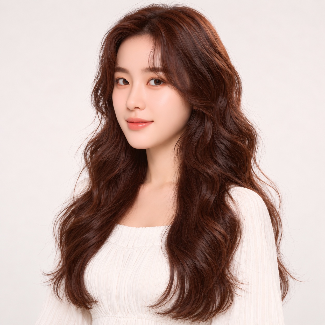 얼굴 주변의 긴 S컬과 레이어 흐름을 보여주는 구뜨살롱 롱 헤어 스타일 참고 이미지